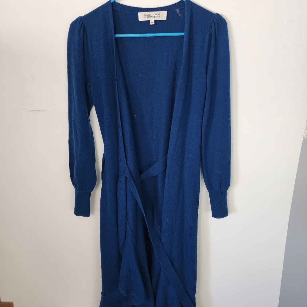 Diane Von Furstenberg Maxi Blue Long Sleeve Wrap Dress XXS 70% Wool 30% Cashmere